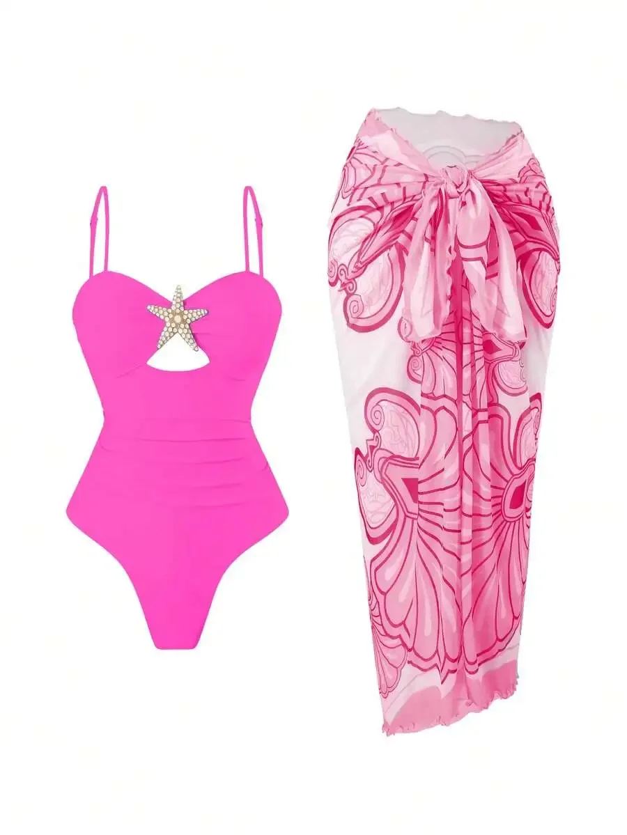 

Womens Pink Hollow-Out Starfish One-Piece Swimsuit With Floral Print Maxi Skirt