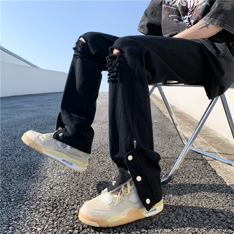 

Men's Casual Loose Straight Leg Jeans Distred Zipper Slit Faionable American High Street Sle Summer Youth ular