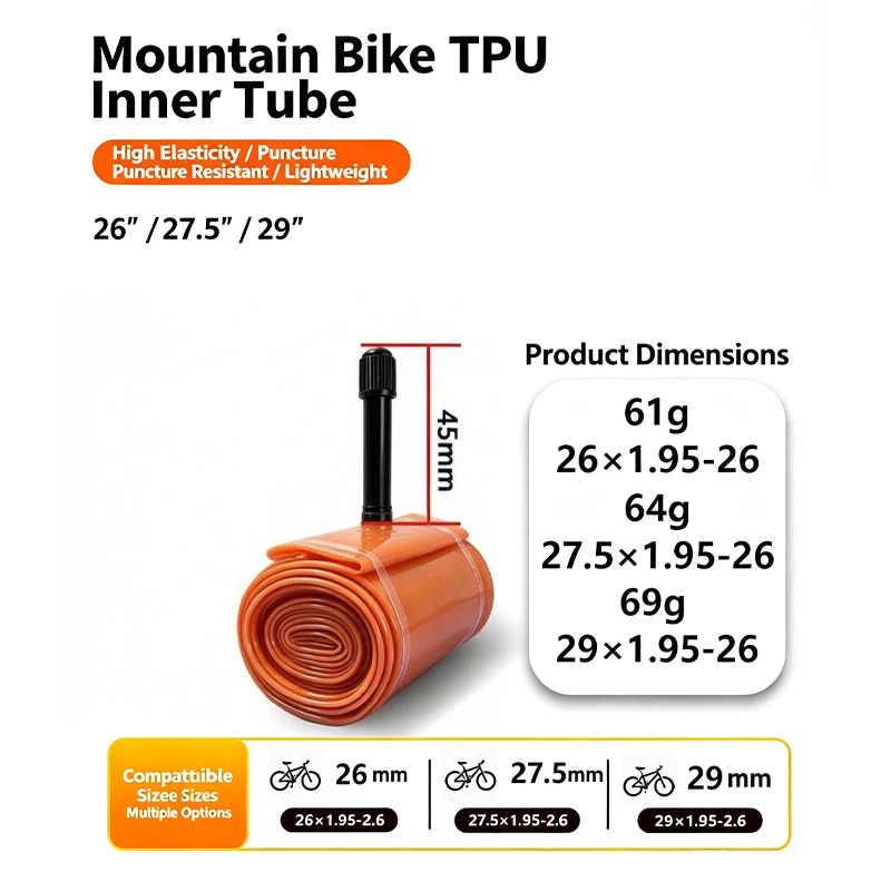 Mountain Bike TPU Inner Tube 26/27.5/29x1.95-2.6 Inch Mountain Bicycle Tire Schrader Valve Light & Elasticity Puncture Resistant