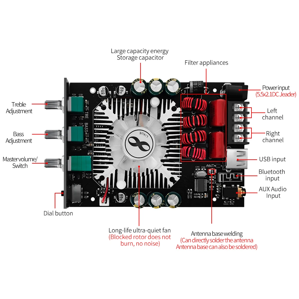 ZK-1602T TDA7498E بلوتوث 5.0 مضخم الصوت مجلس 2*160 واط عالية الطاقة 2.0 قناة USB الصوت ستيريو أمبير للمسرح المنزلي