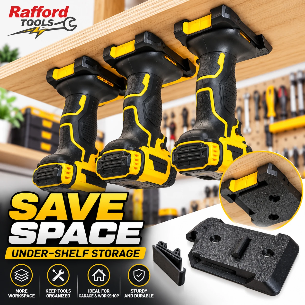 Rafford Tool Mount Holder Compatible with DeWalt 20V MAX Battery Tools, Under Shelf Drill Storage Base, Wall Mount Organizer