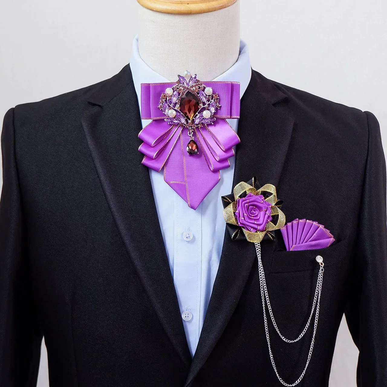 

Luxury Men's Bow Tie Brooch Set Original Handmade Jewelry Gifts Business Banquet Wedding Rhinestone Collar Flowers Corsages Sets