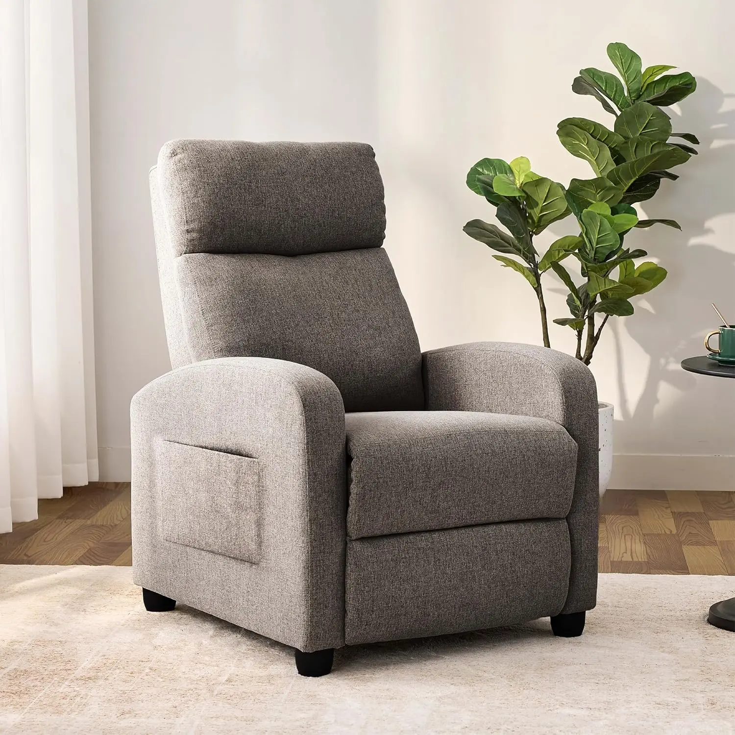 Adjus  Manual Push Back Recliner Chair Soft Linen Upholstery High Backrest for Living Room Home Theater Small Space