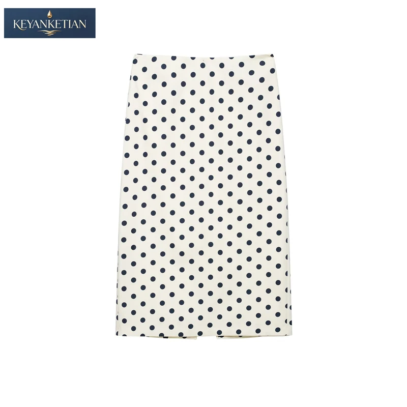 KEYANKETIAN 2026 Vintage Polka Dot Midi Skirt Women High Waist Back Slit Straight Cut Fabric Casual Office & Pencil Skirt