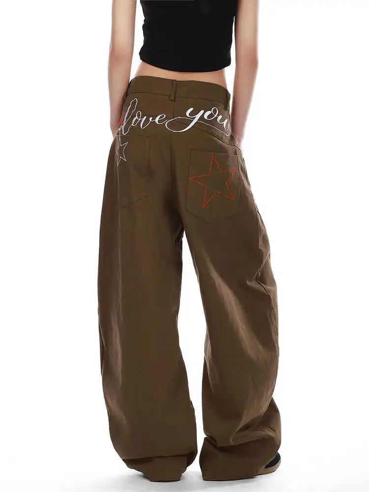 

Женские мешковатые коричневые джинсы Y2k в японском стиле 2000-х годов, джинсовые брюки-бойфренды, винтажные джинсовые брюки в стиле Харадзюку со звездной вышивкой, одежда