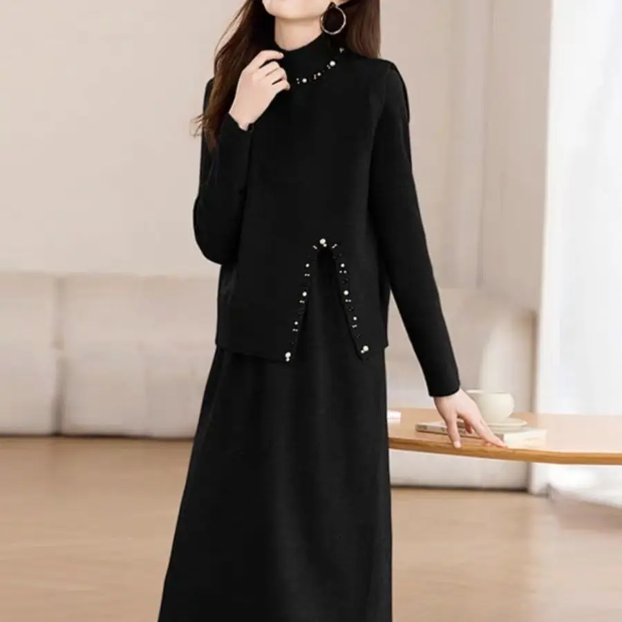 Autumn Winter Solid Knitted Sweater Dress Two-piece Set Women Vintage Sweater Dress 2025 Elegant Bodycon Party Evening Dress - view 3