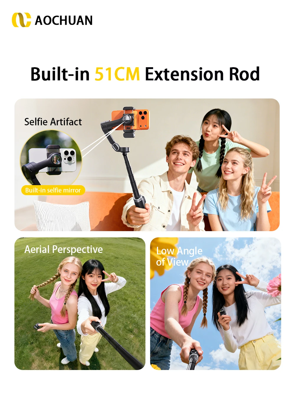 AOCHUAN Handheld Gimbal Stabilisator Smart X3 mit KI-Tracking und integrierter 51CM Verlängerungsstange für iPhone 17 16 15 Android Vlog-Aufnahmen
