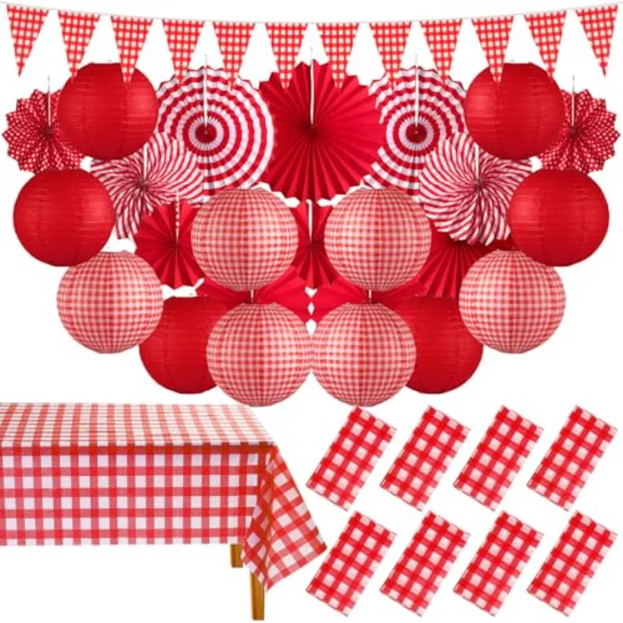 33 Pcs Picnic Party Decorations Set Paper Lanterns Red and White Checkered Gingham Pennant Banner with Hanging Paper Fans Table