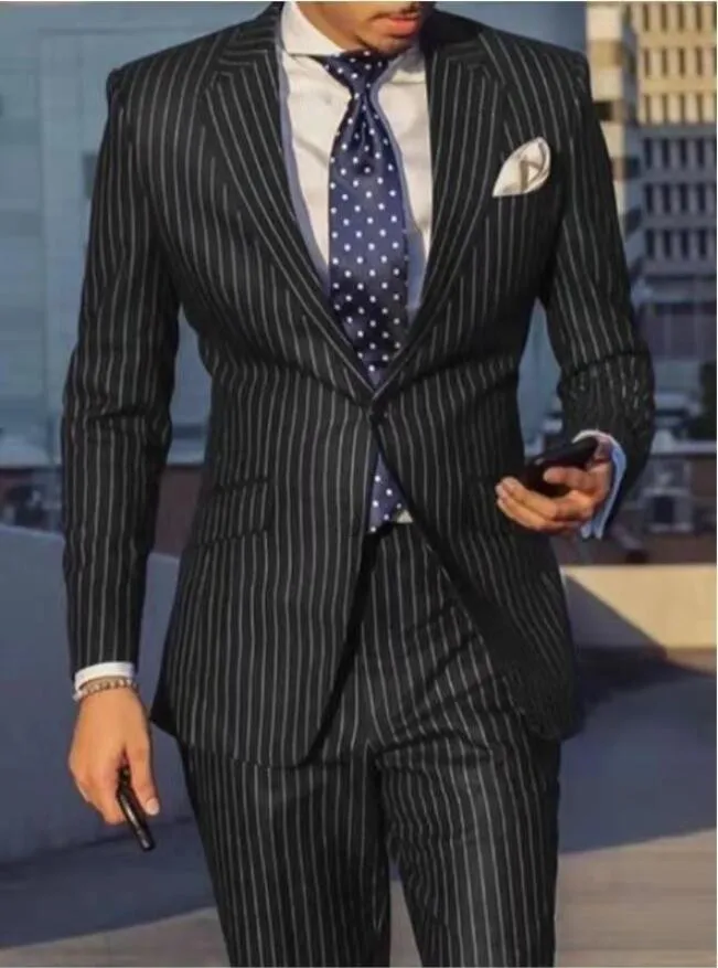 2024 Navy Blue 2 Piece Slim Fit Business Men Suit Stripe Groom Wedding Tuxedo Custom Skinny Prom Wedding Business Suit