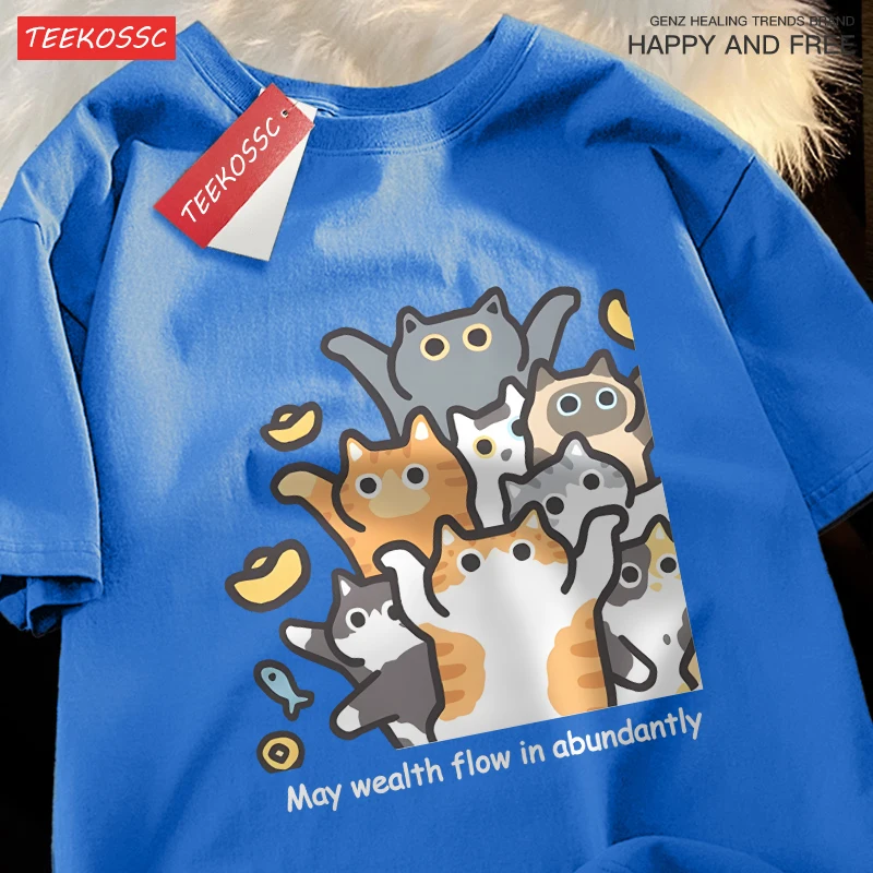 Happy Money Cartoon Cats Design Herren-T-Shirts aus Baumwolle, lässiges T-Shirt, Sommer-Rundhalsausschnitt, Streetwear, Mode, Übergröße, kurze Ärmel