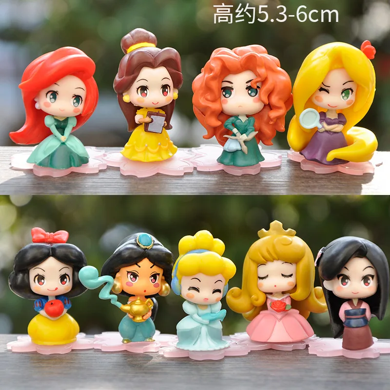 9Pcs/Set Disney Kawaii Q Ariel Belle Princess Action Figure Aurora Jasmine Snow White Mulan Rapunzel Doll Decor Toys Girls Gift