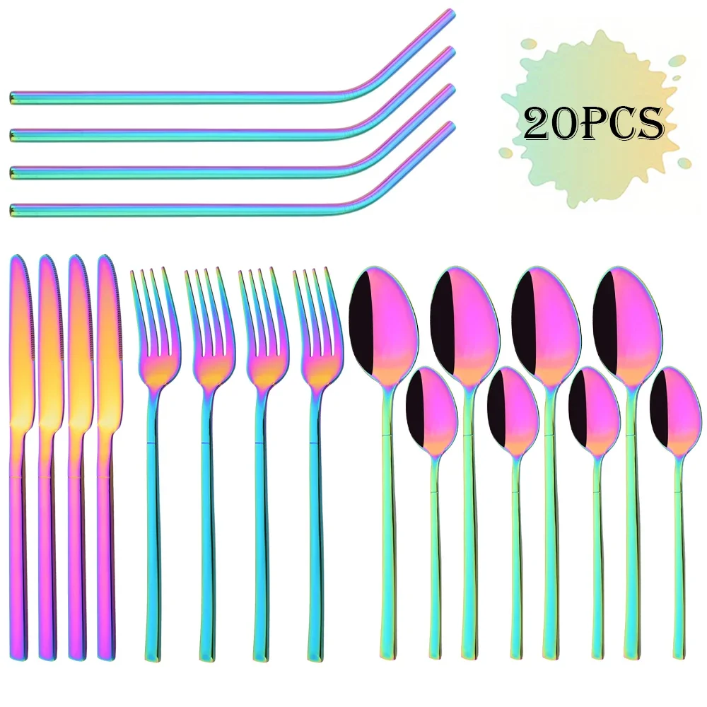 20Pcs/Set Rainbow Cutlery Set Stainless Steel Tableware Knife Fork Spoon Straw Dinnerware Set Kitchen Flatware Silverware