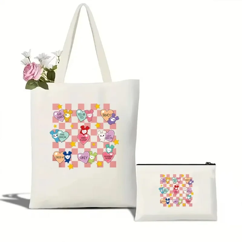 2pc Twice Candy Heart Tote Bag Lovely Twice Cosmetic Bag Kpop Twice Aesthetic Women's Canvas Bag  Gift Cartoon Twice Member Tote