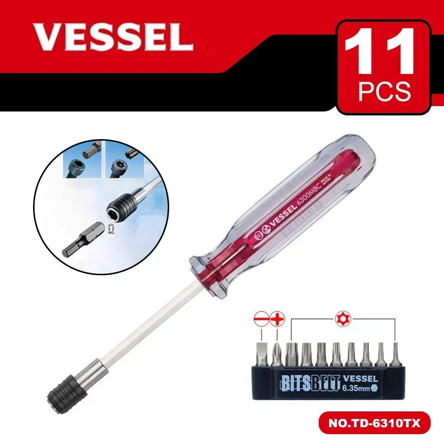 Genuine VESSEL 10pcs Bits 6.35mm Hex Screwdriver Set | Torx Head Driver Japan Tools No.TD-6310 Series