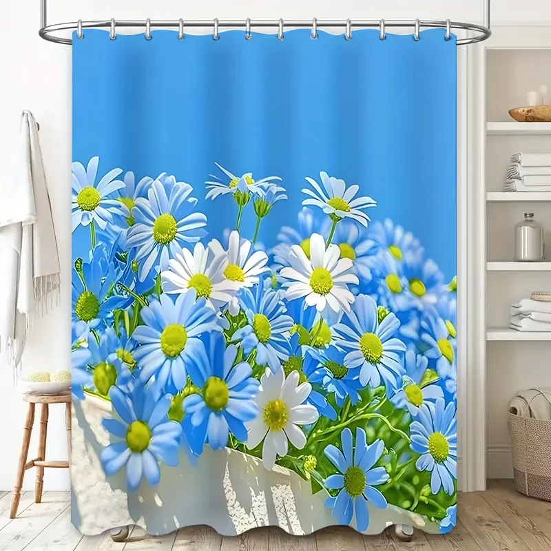 ستارة دش أنيقة مع زهور الأقحوان الزرقاء والبيضاء الجميلة مناسبة للفصل الرطب والجاف لديكور المنزل الربيعي #6