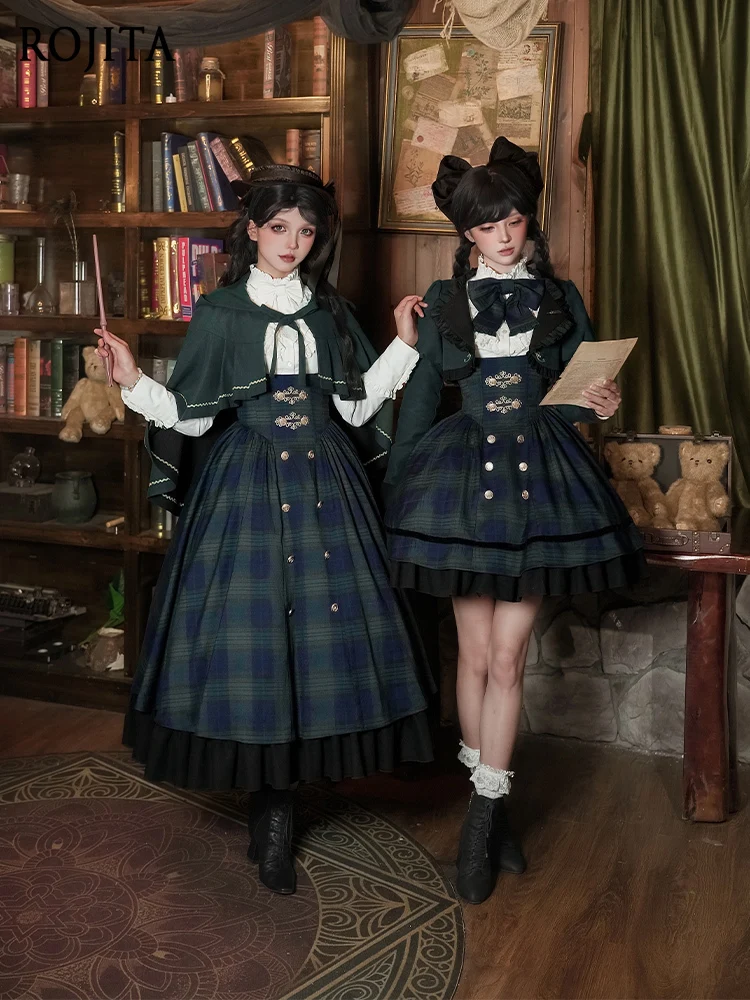 

Patterned Chest Support Dress Solid Color Long Sleeve Shirt and Bow Tie Retro Puff Sleeve Short Jacket Autumn Lolita Dress Women