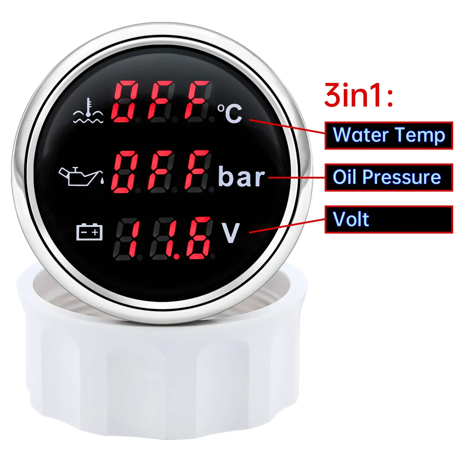 Digital 52MM Gauge 3 In 1 Multifunctional Tachometer/Water Temperature/Oil Pressure/Voltmeter/Fuel Level Gauge 0-190ohm Car Boat