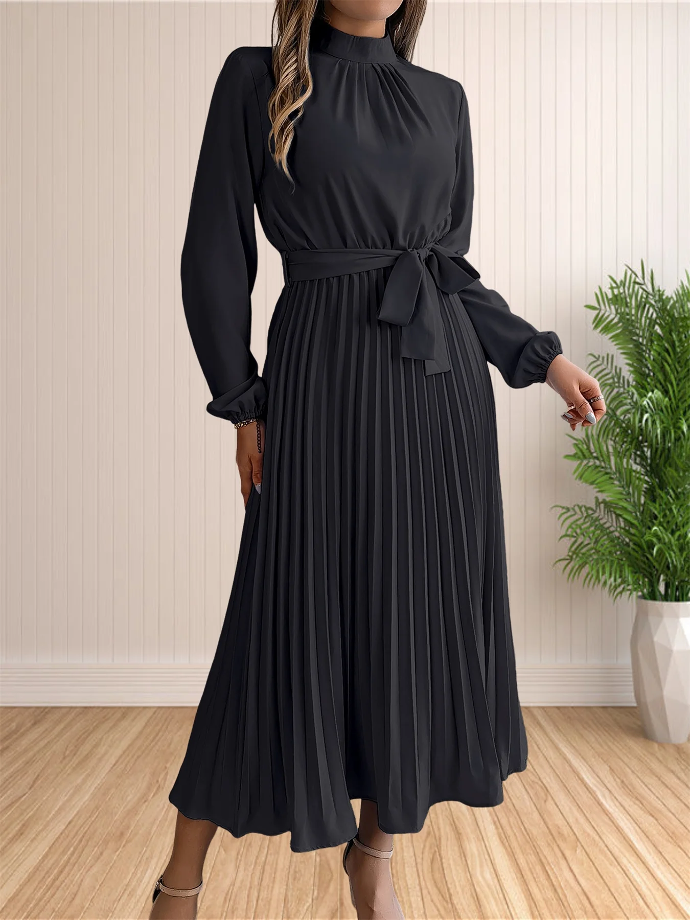 Women's Long Dresses Summer Elegant Pleated Long Sleeveed Lace Up Dresses Beach Boho Wrap Ruffle Hem Swing Sundress