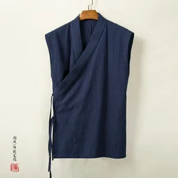 Chinese Traditional Clothing Hanfu Vest Men Linen Cotton Sleeveless Top Men's Tang Suit Kimono Cardigan Men's Slit Top