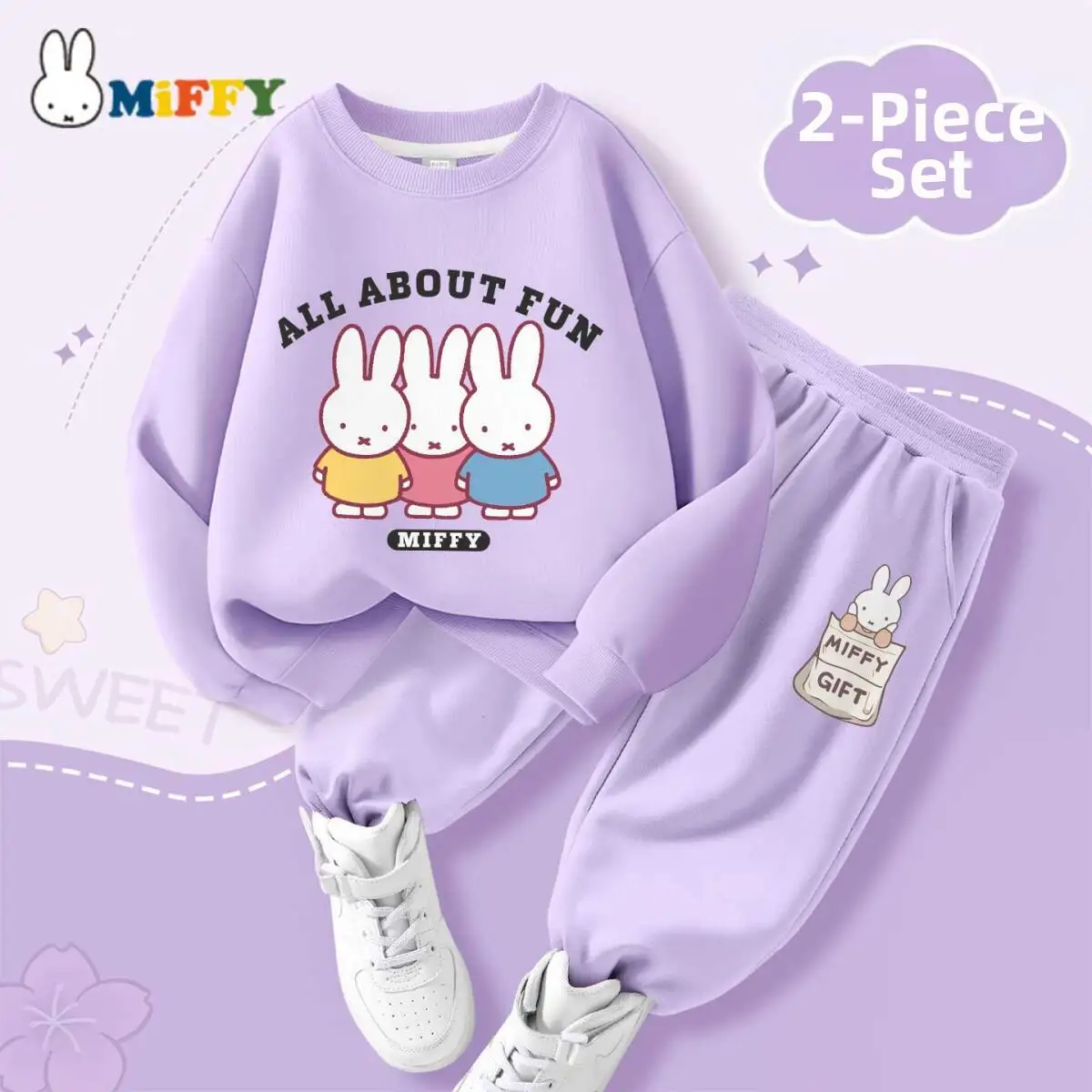 Miffy Kawai Set Pantaloni con cappuccio per bambini Cartoon Simpatico set in due pezzi Primavera e autunno Comodo abito caldo alla moda