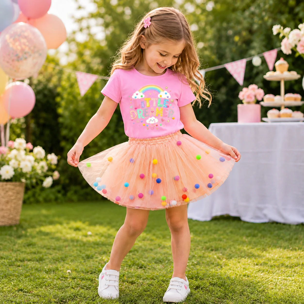 Summer Girls 2 Piece Clothes Set Rainbow Print T-shirt Color Pom Pom Peach Tulle Tutu Skirt Toddler Princess Birthday Party Outf