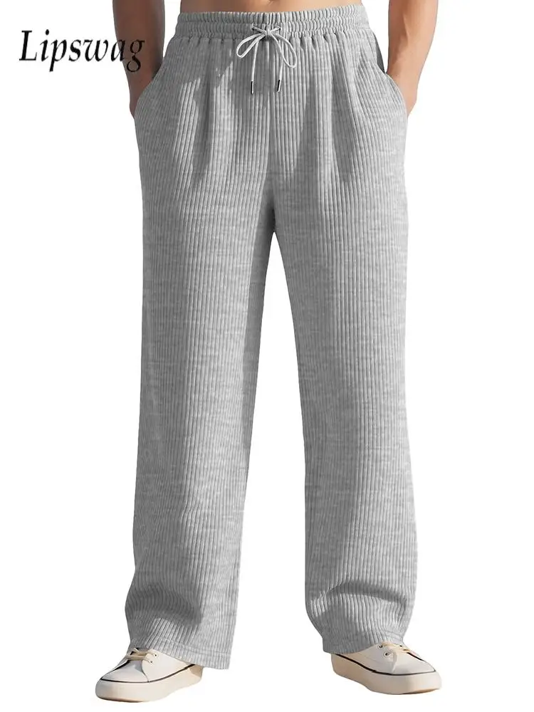 

Sports Fitness Loose Ribbed Pants Mens Spring Autumn Casual Solid Color Texture Straight Trousers Men Fashion Drawstring Pants