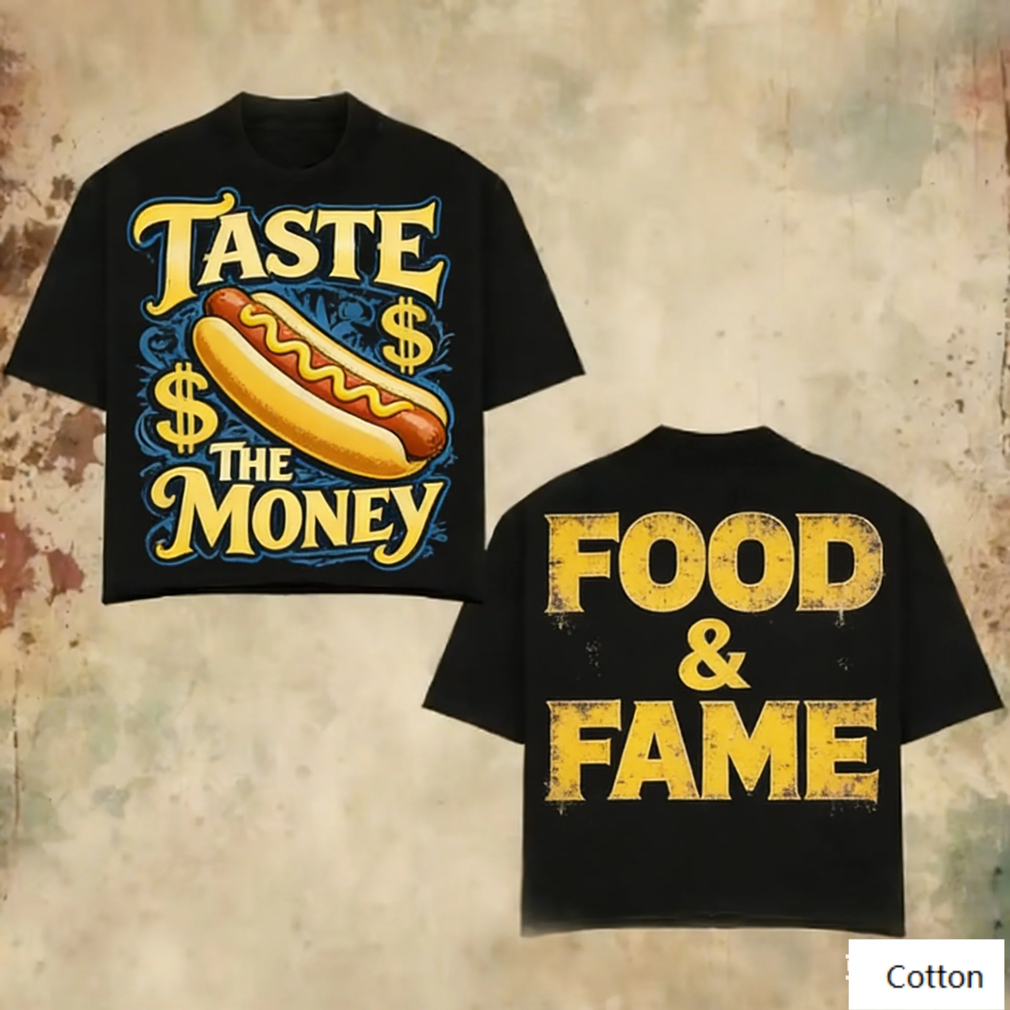 Camiseta Negra Oversize de Algodón con Gráfico Retro Atrevido de Hot Dog y Texto FOOD & FAME, Camiseta Unisex Estilo Urbano