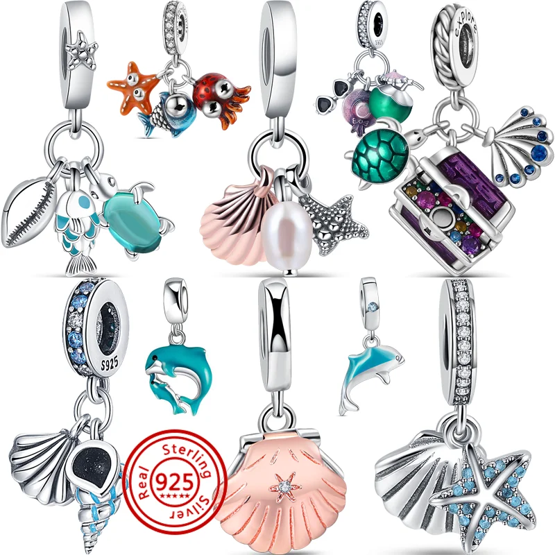 

Fit Original Pandora Charms Bracelet 925 Silver Jewelry 2024 Summer Starfish Shell Pearl Turtle Dolphin Octopus Sea Animal Beads