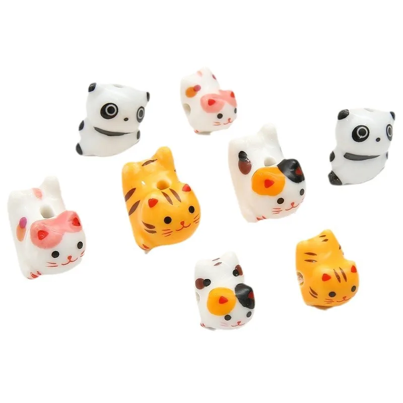 Grânulos cerâmicos pintados à mão para fazer jóias, gato, panda, tigre, espaçador de forma animal, pulseira DIY, brincos, pingente, 3pcs