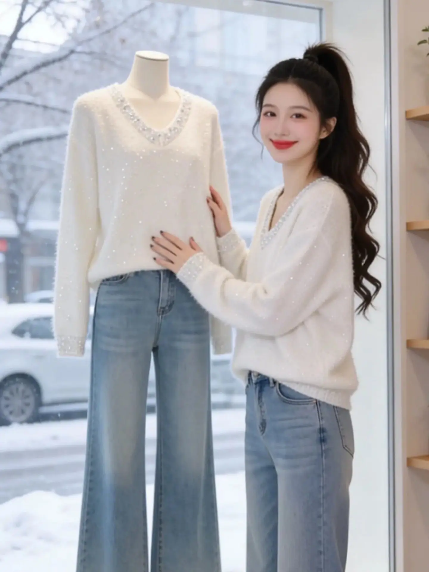 

Женский вязаный джемпер Ele White с V-образным вырезом, расшитый, свободного кроя, омолаживающий, больших размеров, для весны и осени, в стиле Gentle Wind