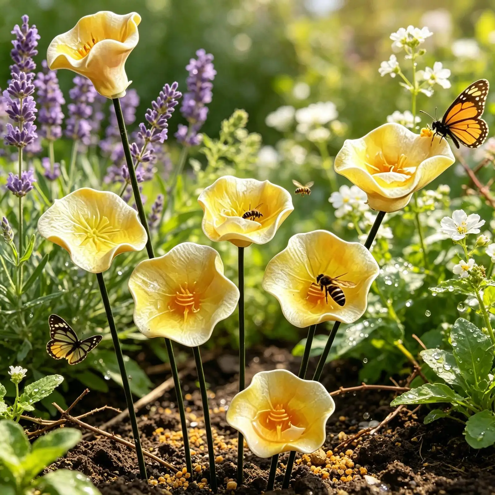 Bee Watering Station for Garden 10 Pieces Ceramic Waterer with Stake Flower Shape Bee Water Station for Butterfly Hummingbird