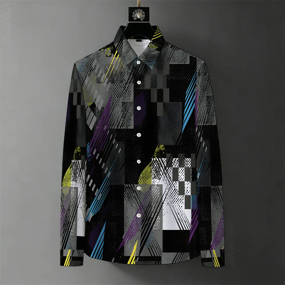 New Spring/Autumn Abstract Color-Blocked Shirt for Men, Fashionable Twill Stripe Print, Wrinkle-Resistant, Casual, Versatile Top