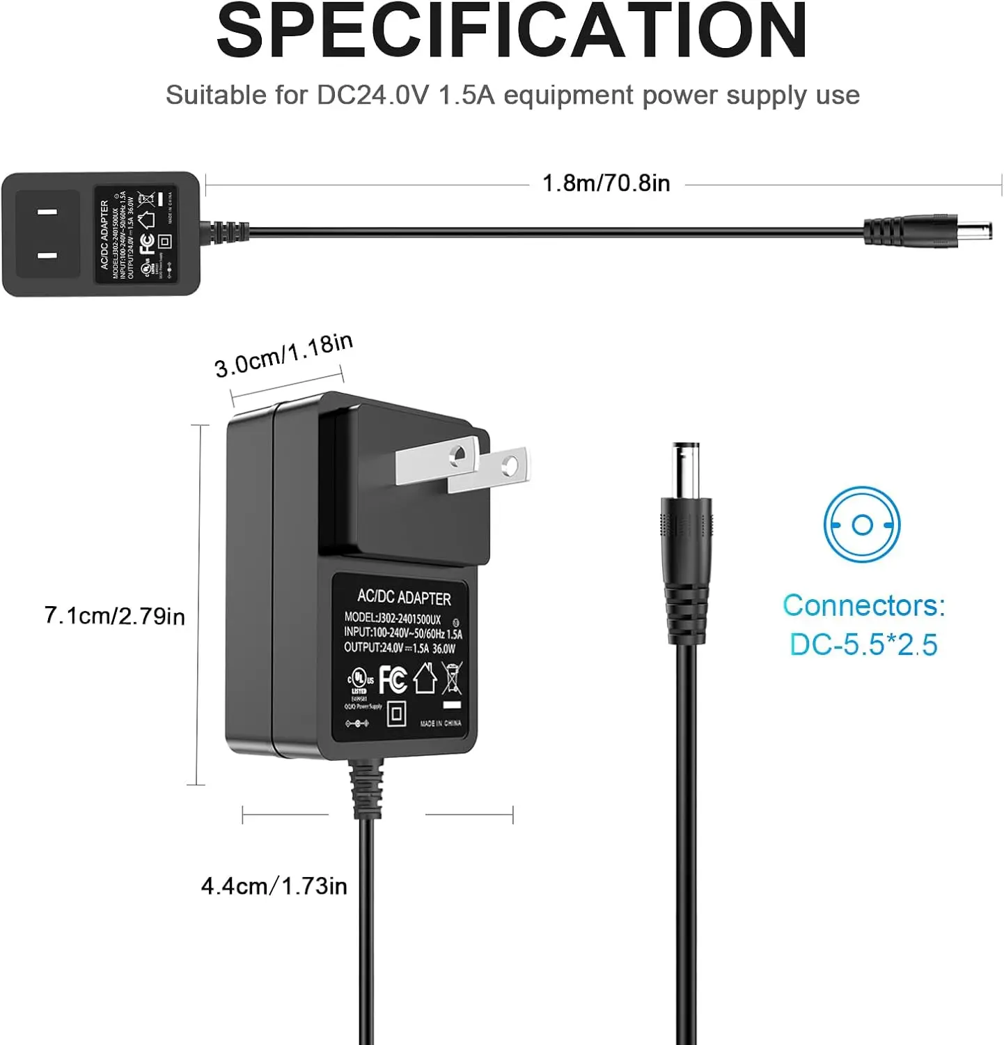 مصدر طاقة 24 فولت 1.5 أمبير، مدرج في قائمة UL، لمصباح الأظافر LED، المجفف، مكبر الصوت، CCTV، أضواء الشريط
