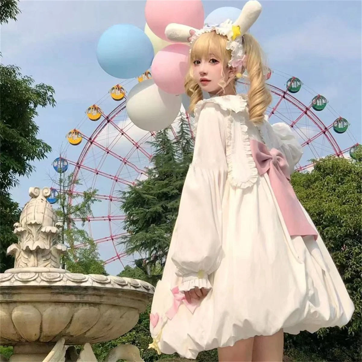 Japanse Leuke Lolita Cosplay Op Zoete Meisje Peter Pan Kraag Lint Strik Sterren Candy Pluizige Wolken Lantaarn Mouw Vrouwen Jurk