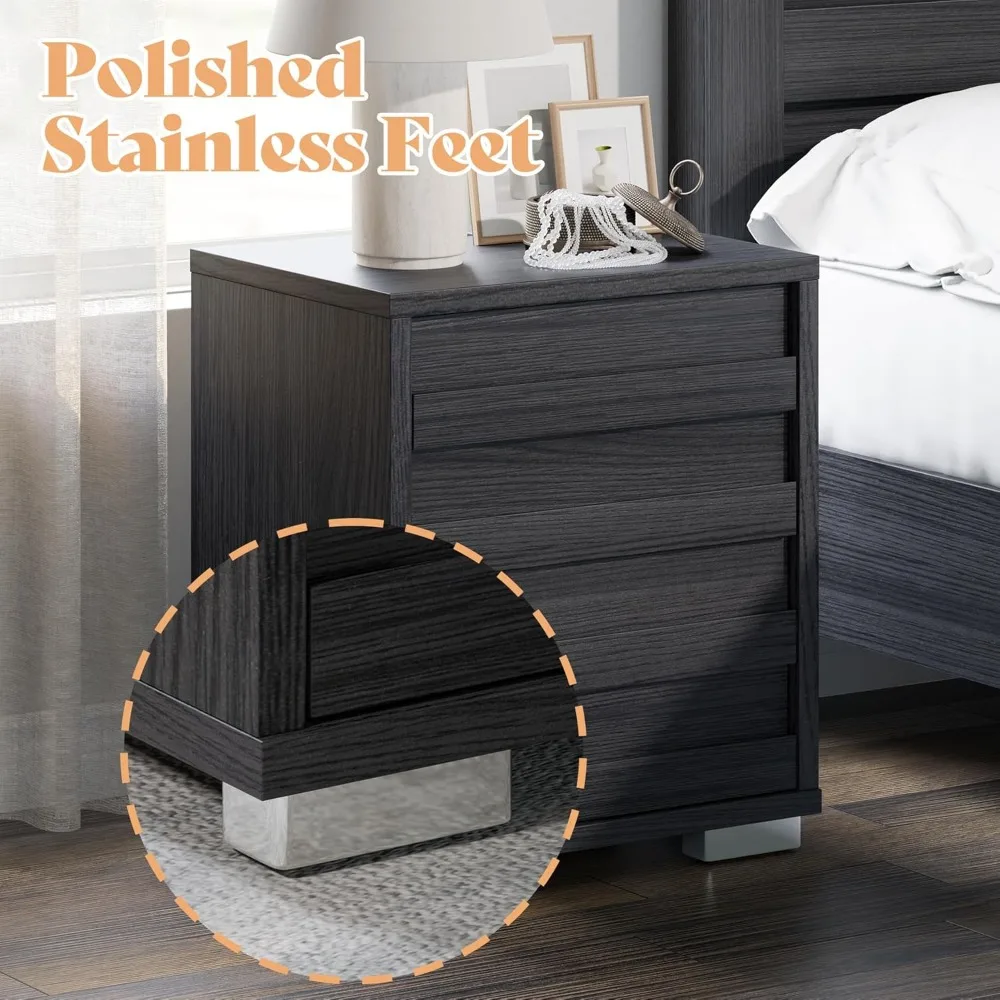 Nightstand Set of 2 with Charging Station, Wood Bedside Table with 2 Drawers, Farmhouse End Table with Slated Handles &