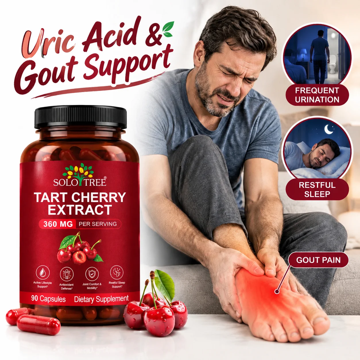 Tart Cherry Extract Capsules Uric Acid & Gout Support Joint Pain Support Restful SleepTart Cherry Extract 360mg 90 Capsules