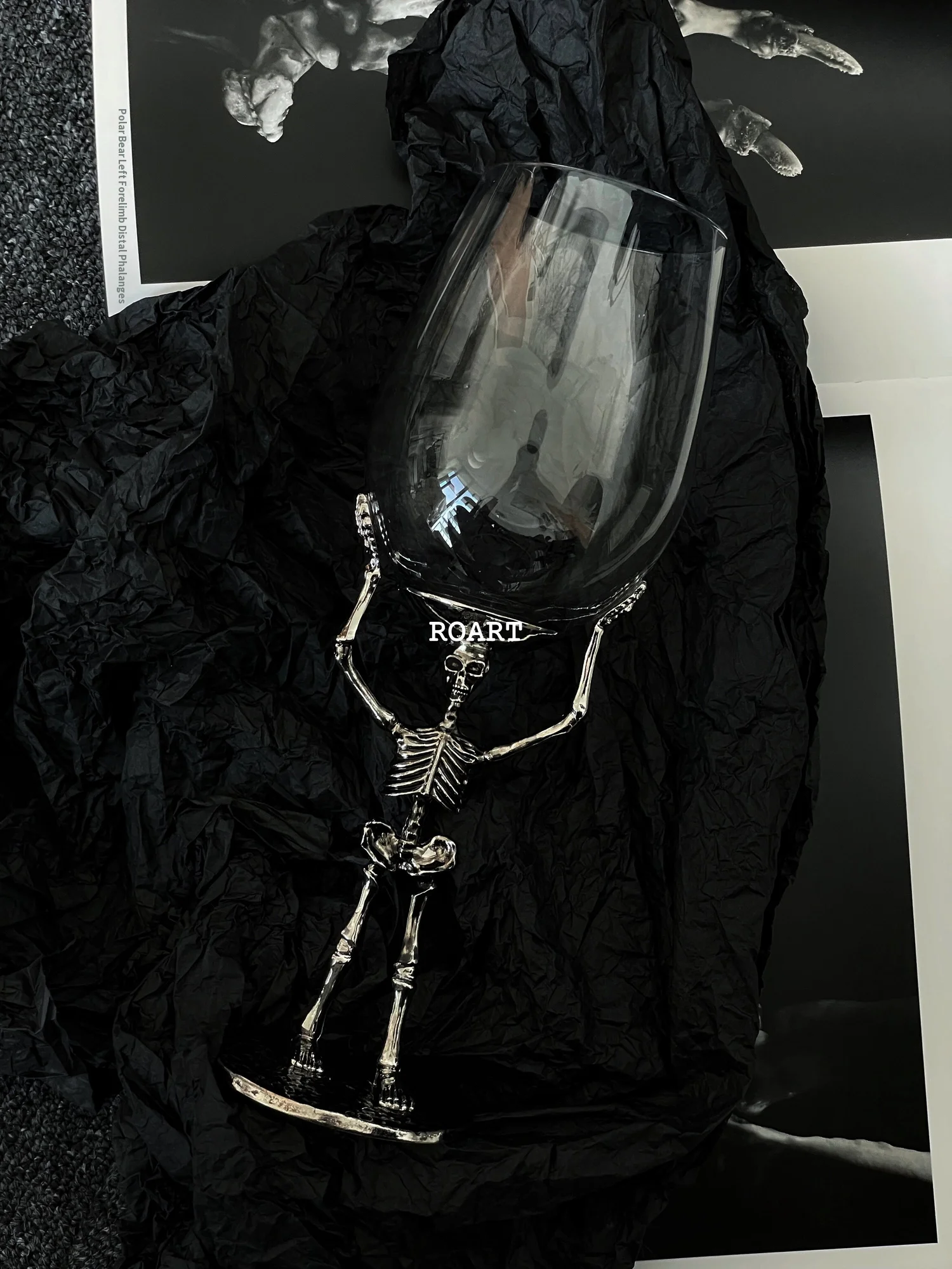 Skull-Themed Wine Glass Set Featuring Gothic Motifs Including Silver Ghost Hand Champagne Variant Black Ghost Hand Option Snake