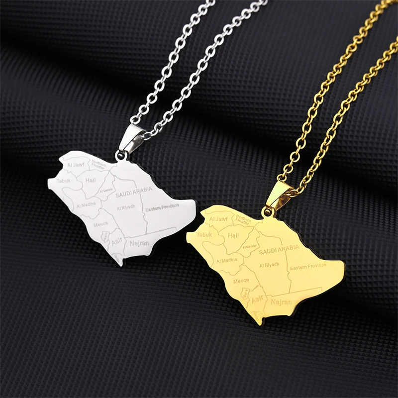 Saudi Arabia Map With Cities Name Pendant Neckalces Stainless Steel Gold Silver Color Arab Emblem Ethnic Jewelry Patriotic Gift