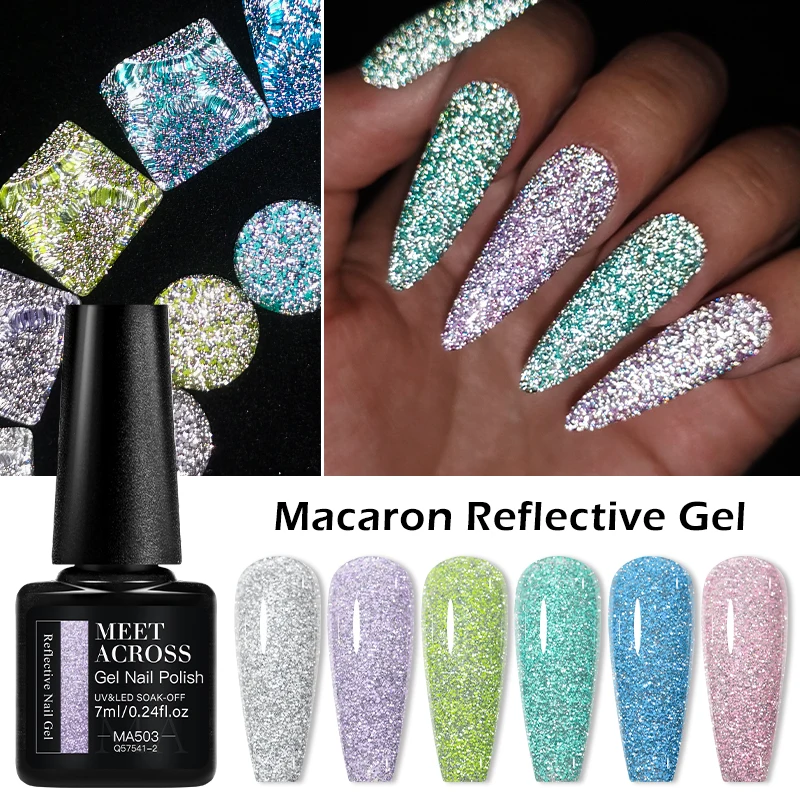 MEET ACROSS 7ml Macaron Reflective Gel Nail Polish Spring Summer Glitter Nails Semi-permanent Nail Polish UV LED Gel Nail Art