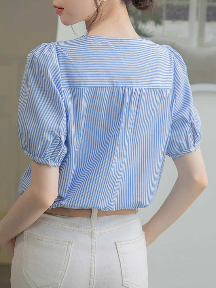 QOERLIN Office Ladies Striped Blue Shirts Women 2024 Summer Short Sleeve Single Breasted Blouse Metal Buttons Shirts Trendy