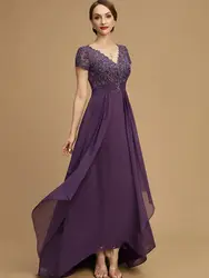 Vestidos de manga corta para madre de la novia, cuello en V, gasa plisada, apliques de encaje, ocasión Formal, vestidos de graduación, largo hasta los pies