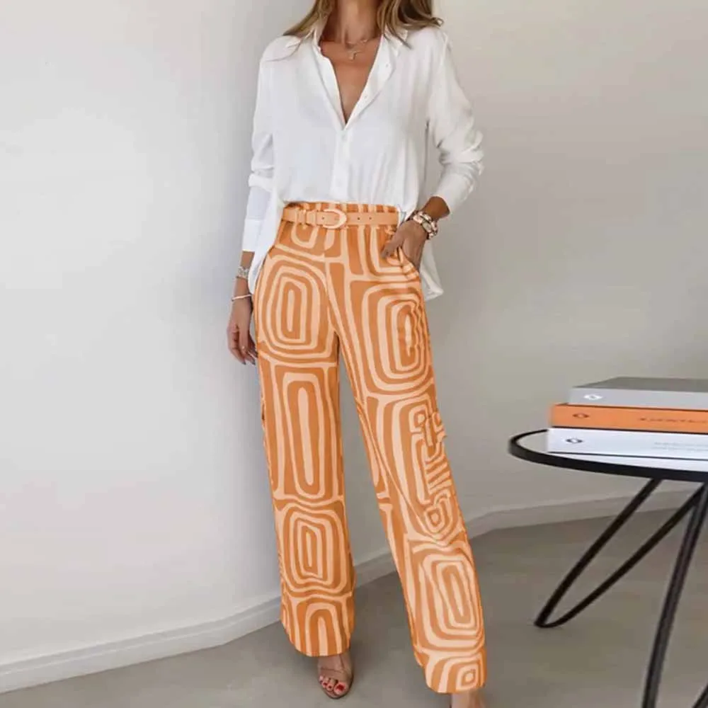 Women Print Two Piece Pant Sets Wide Leg Pants Office Blouse White Shirts Tops 2 Piece Set Office Loose Outfits With Belt