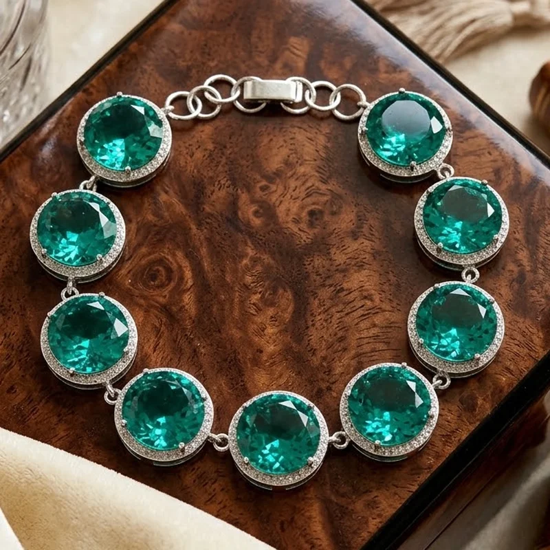 15x15mm Eye Catching 25.4g Red Blood Ruby Aquamarine Green Tsavorite Garnet CZ Dating Silver Bracelet 7.5-8.5inch