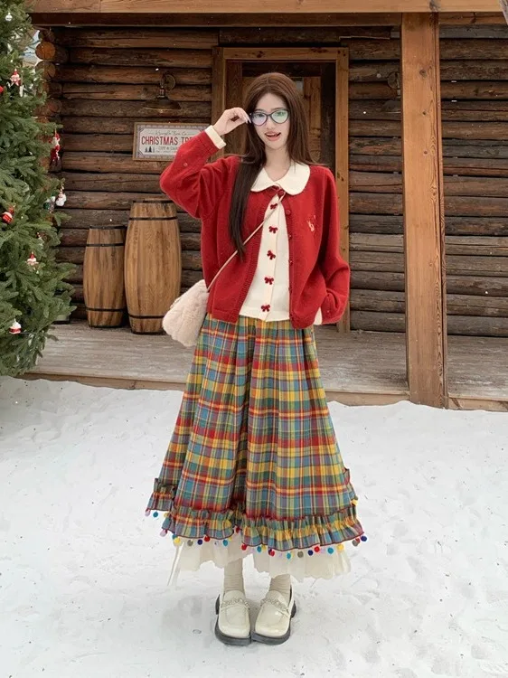 

Fashionable plus Size Set Winter New Style Knot Red Plaid Half Skirt And Sweater Ensemble High Waist Pleated