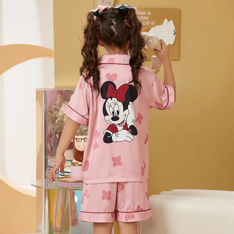 

Mickey Mouse Silk Parent-Child Pajamas Summer Short Sleeved Little Girl Cardigan Mother Daughter Thin Set Children's Home Clothe