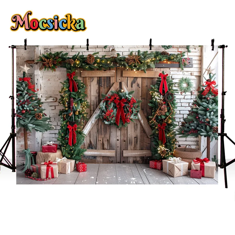 Mocsicka Winter Photography Background Christmas New Year Party Xmas Wreath Socks Red Closet Backdrop Kid Portrait Photo Banner