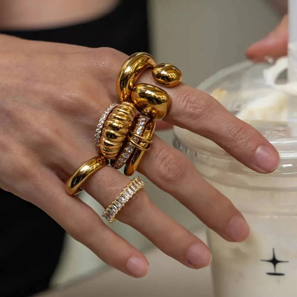 SHIXIN Exquisite 18K PVD Gold Plated Stainless Steel Open Rings Women Shiny Zircon Stackable Adjustable Waterproof Ring Jewelry