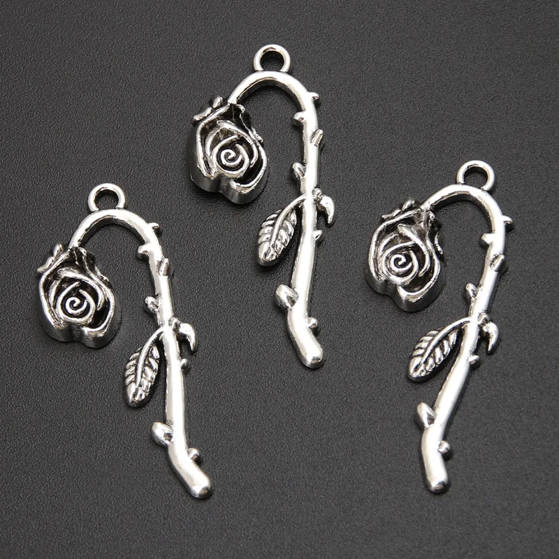 20pcs Silver Color 39x17mm Rose Flower Charms Plants Pendant For DIY Handmade Metal Alloy Jewelry Making Finding Supplies