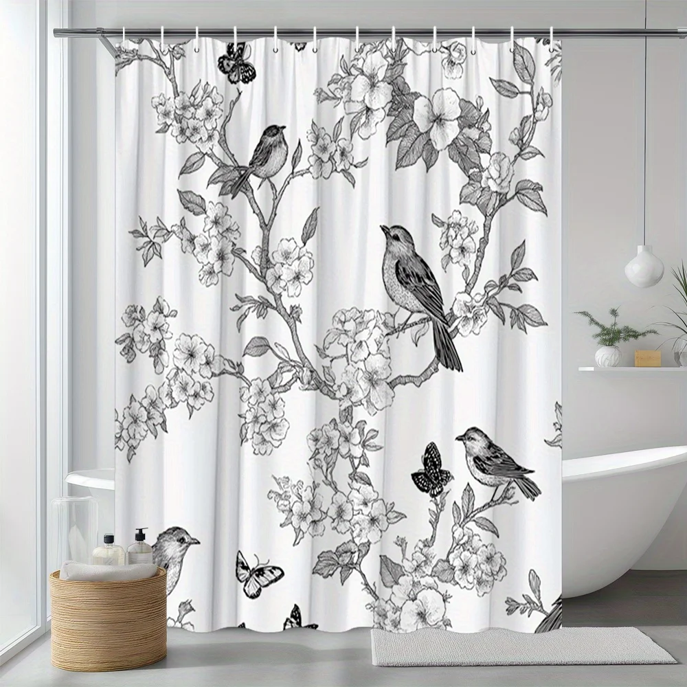 1pc Japanese Woodblock Style Shower Curtain - Black & White Ukiyo-e Birds & Butterflies Line Art with Floral Branches, Polyester