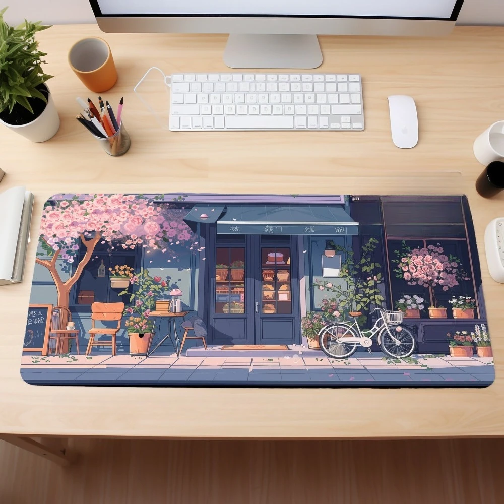 Kawaii Sakura&Cafe Store Pattern Mouse Pad Durable Office Deskpad Parties Gathering Card GameMat  Non-slip Keyboard PC Playmat